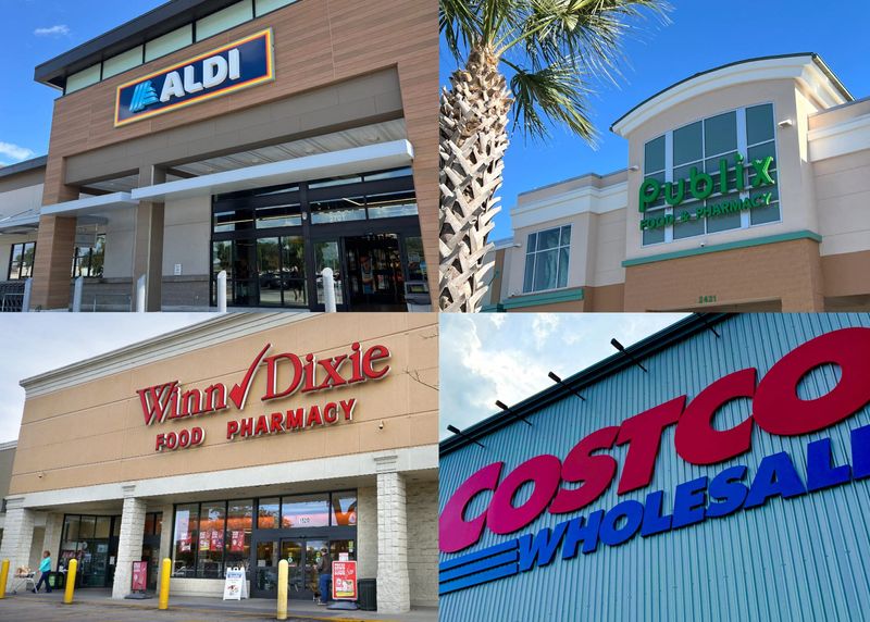 Clockwise from top left, Aldi, Publix, Costco and Winn-Dixie plan to expand into Florida.