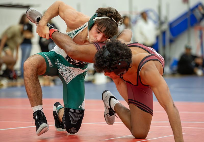 North Port hosted the Class 3A-District 8 wrestling duals won by Venice on Saturday, Dec. 27, 2025. Massimiliano Pellicano of Venice pinned all five of his opponents. Christian Steward of Riverview fared better than most.