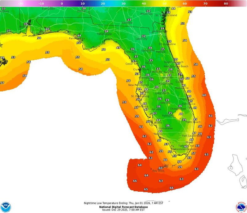Predicted low temperatures on New Year's Eve 2025.