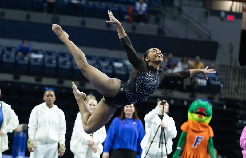 Florida gymnast eMjae Frazier performs the floor exercise during hype night at Stephen C. O'Connell Center in Gainesville, FL on Dec. 15, 2025.