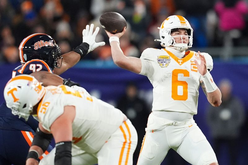 Tennessee quarterback Joey Aguilar (6) pulls back for the throw during the Music City Bowl NCAA college football game against Illinois on Dec. 30, 2025, in Nashville, Tennessee.