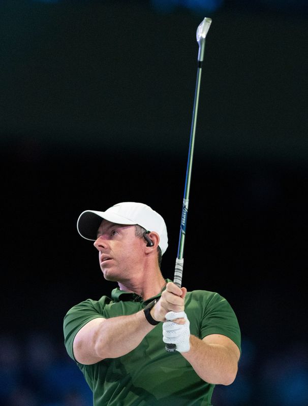 Rory McIlroy of Boston Common Golf watches his tee shot at SoFi Center on January 2, 2026, in Palm Beach Gardens, Florida.