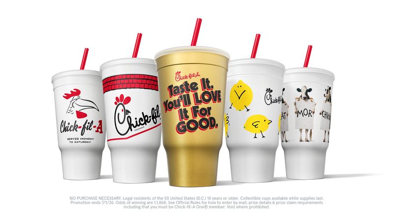 EMBARGOED FOR USE UNTIL 8 A.M. ON MONDAY, JAN. 5. – The $3.99 Classic Cups will be available for a limited time starting January 5. 
Each cup will be wrapped so you can't see the design and 3,000 specialty Gold Fan Cups – shown in the middle – come with a prize of a year's worth of free Chick-fil-A food.