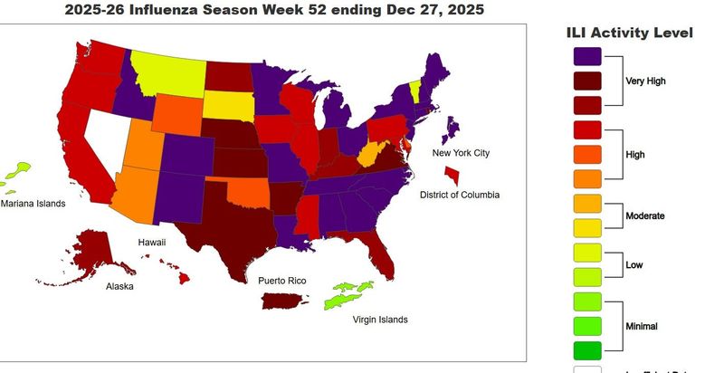 A Centers for Disease Control and Prevention map of flu activity levels in the U.S. for the last week of December 2025