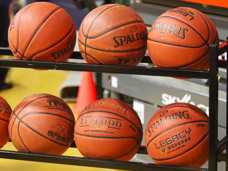 Several basketballs are pictured on a rack at Bristol-Plymouth Regional Technical School in Taunton, MA on Jan. 5, 2026.