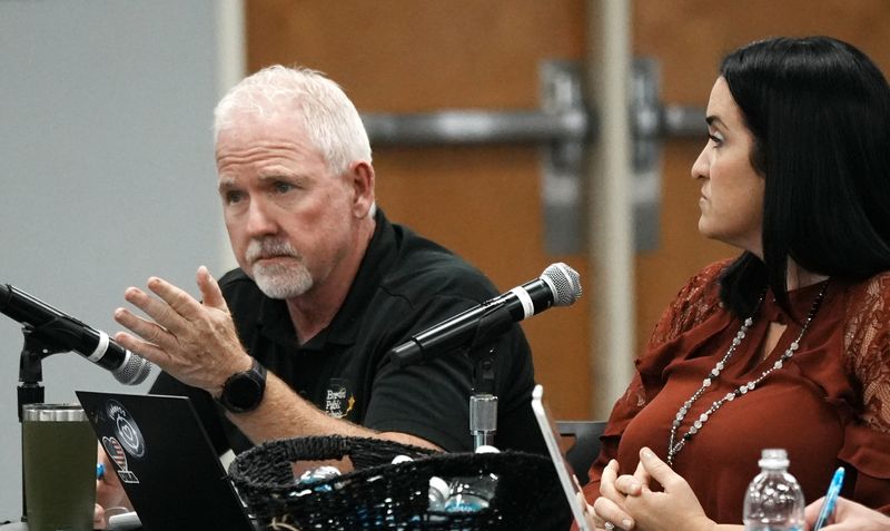School board members Gene Trent and Megan Wright are pictured during a Jan. 6 meeting of Cape Canaveral’s city council and the Brevard school board in Viera, where the potential closure of Cape View Elementary School was discussed.