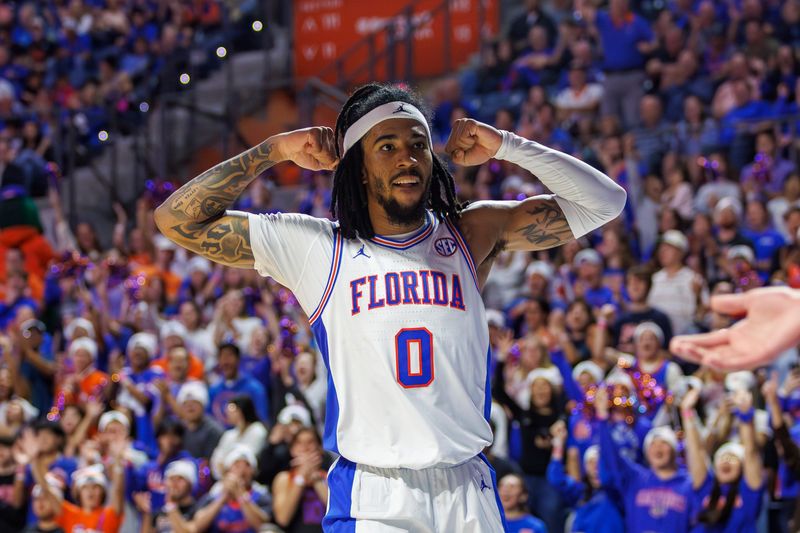 Jan 6, 2026; Gainesville, Florida, USA; Florida Gators guard Boogie Fland (0) reacts after a layup against the Georgia Bulldogs during the second half at Exactech Arena at the Stephen C. O'Connell Center. Mandatory Credit: Morgan Tencza-Imagn Images
