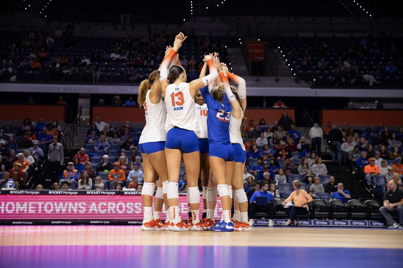 Florida Gators outside hitter Merritt Beason (13), Florida Gators libero Elli McKissock (23), Florida Gators middle blocker Bre Kelley (9), and Florida Gators defensive specialist Emily Canaan (7) huddle before the start of the third set against the Kentucky Wildcats at Exactech Arena at the University of Florida in Gainesville, FL on Sunday, November 20, 2022. [Matt Pendleton/Gainesville Sun]

Ncaa Women S Volleyball Florida Vs Kentucky