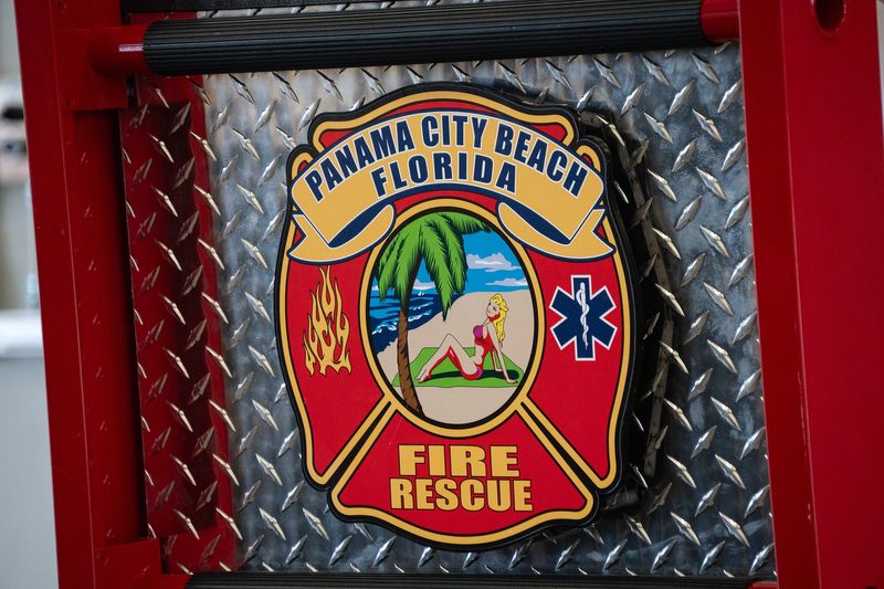 The shield for Panama City Beach Fire Rescue is displayed on a podium on Jan. 8, 2026, in Panama City Beach, Florida.