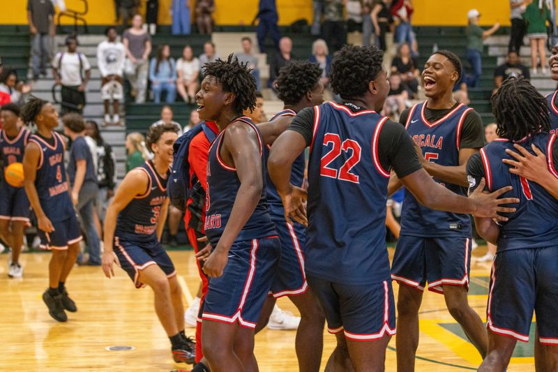 Vanguard celebrates their win in the big rivalry game against Forest, Thursday, January 8, 2026, at Forest High School. The Knights beat the Wildcats 65-58. [Cyndi Chambers/ Ocala Star Banner] 2026