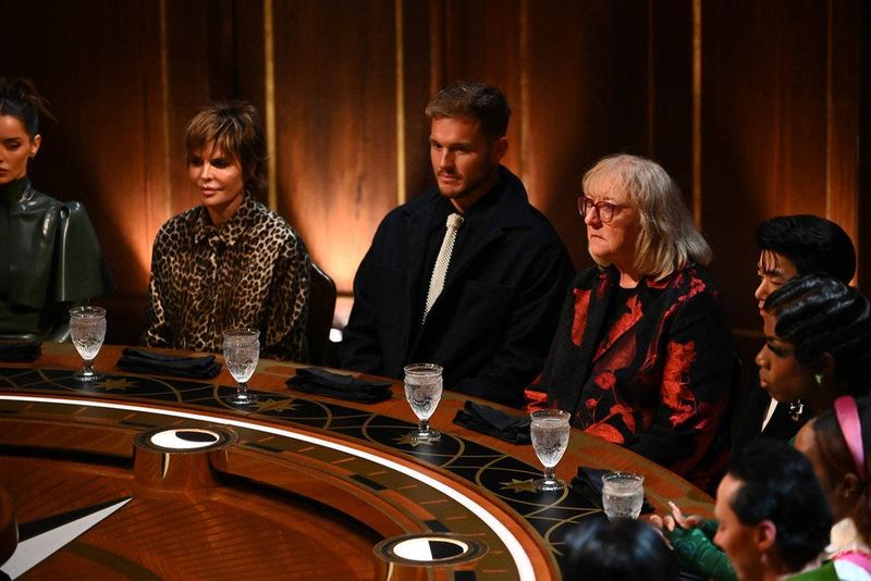 "The Traitors": "Let the Cards Fall as They Will" Episode 401. Pictured: (from left) Lisa Rinna, Colton Underwood, Donna Kelce, Eric Nam, Monét X Change.
