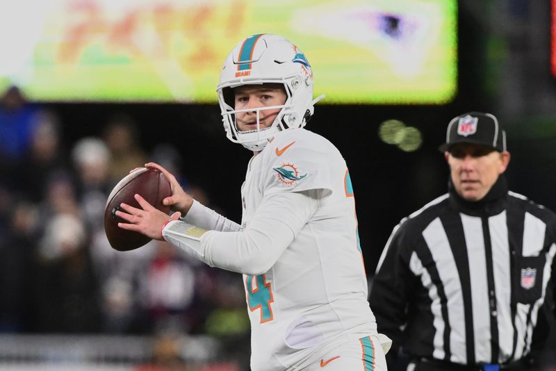 Jan 4, 2026; Foxborough, Massachusetts, USA; Miami Dolphins quarterback Quinn Ewers (14) looks to throw a pass against the New England Patriots during the first quarter at Gillette Stadium. Mandatory Credit: Brian Fluharty-Imagn Images