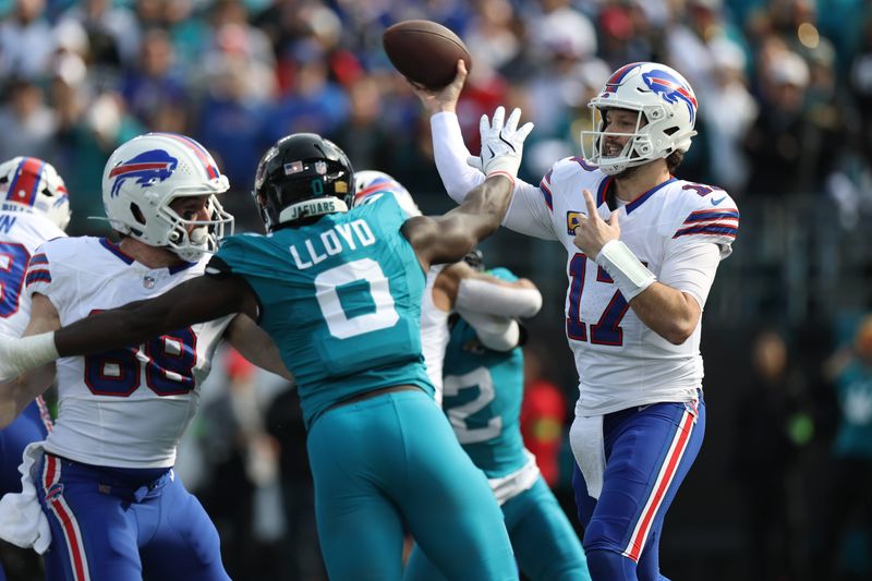 Jan 11, 2026; Jacksonville, FL, USA; Buffalo Bills quarterback Josh Allen (17) looks to pass during the first half against the Jacksonville Jaguars in an AFC Wild Card Round game at EverBank Stadium. Mandatory Credit: Nathan Ray Seebeck-Imagn Images