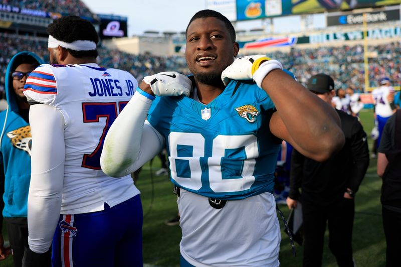 Jacksonville Jaguars tight end Quintin Morris (80) looks on after the game of an NFL football AFC Wild Card playoff matchup, Sunday, Jan. 11, 2026, in Jacksonville, Fla. The Bills defeated the Jaguars 27-24. [Corey Perrine/Florida Times-Union]