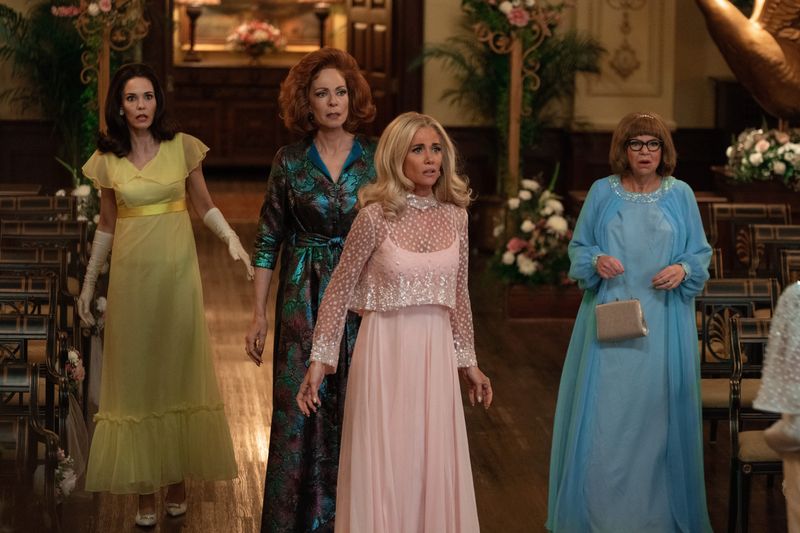 Leslie Bibb is Dinah, Allison Janney is Evelyn, Kristen Wiig is Maxine and Mindy Cohn is Ann in "Palm Royale," now streaming on Apple TV+.