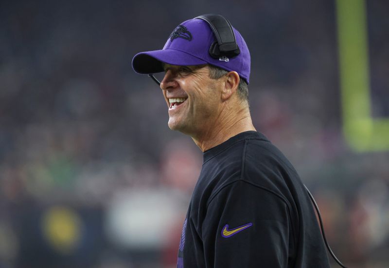 Dec 25, 2024; Houston, Texas, USA; Baltimore Ravens head coach John Harbaugh reacts during the fourth quarter against the Houston Texans at NRG Stadium. Mandatory Credit: Troy Taormina-Imagn Images