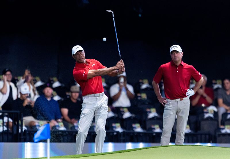 Tiger Woods of Jupiter Links during a TGL match against New York Golf Club at SoFi Center on January 13, 2026, in Palm Beach Gardens, Florida.