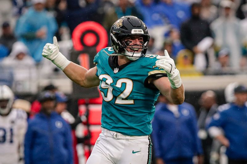 Dec 7, 2025; Jacksonville, Florida, USA;Jacksonville Jaguars defensive lineman Danny Striggow (92) celebrates after a play against the Indianapolis Colts at EverBank Stadium. Mandatory Credit: Travis Register-Imagn Images