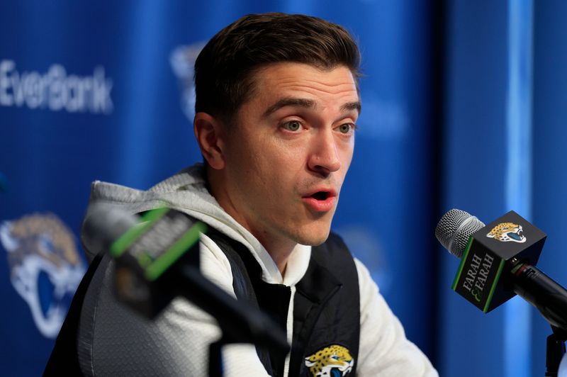 Jacksonville Jaguars general manager James Gladstone speaks during a press conference at the Miller Electric Center, Wednesday, Jan. 14, 2026, in Jacksonville, Fla.