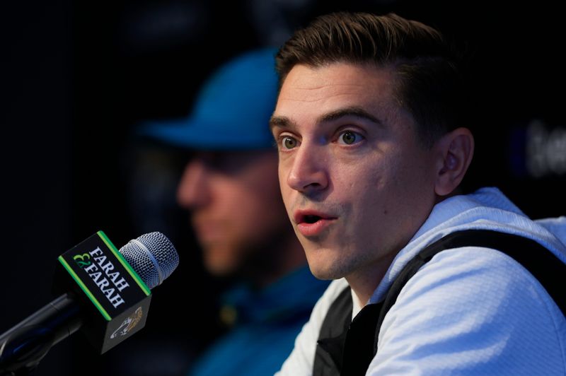 Jacksonville Jaguars general manager James Gladstone speaks during a press conference next to head coach Liam Coen at the Miller Electric Center, Wednesday, Jan. 14, 2026, in Jacksonville, Fla.