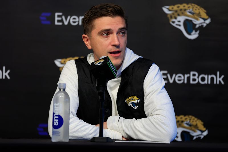 Jacksonville Jaguars general manager James Gladstone speaks during a press conference at the Miller Electric Center, Wednesday, Jan. 14, 2026, in Jacksonville, Fla.