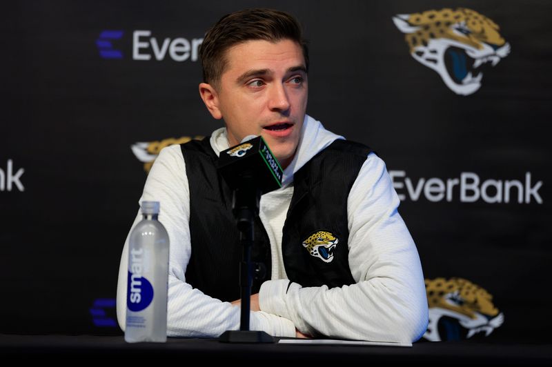 Jacksonville Jaguars general manager James Gladstone speaks during a press conference at the Miller Electric Center, Wednesday, Jan. 14, 2026, in Jacksonville, Fla.