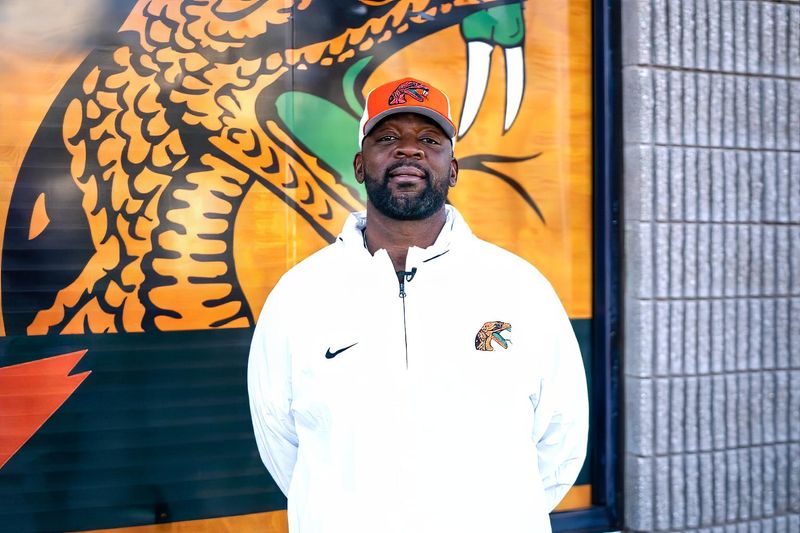 Florida A&M Rattlers head football coach Quinn Fordham Gray Sr. stands at Galimore-Powell Fieldhouse on campus in Tallahassee, Florida. Gray, a former quarterback for the Rattlers, was named head coach on Dec. 23, 2025. He was previously the head coach of the Albany State Golden Rams.