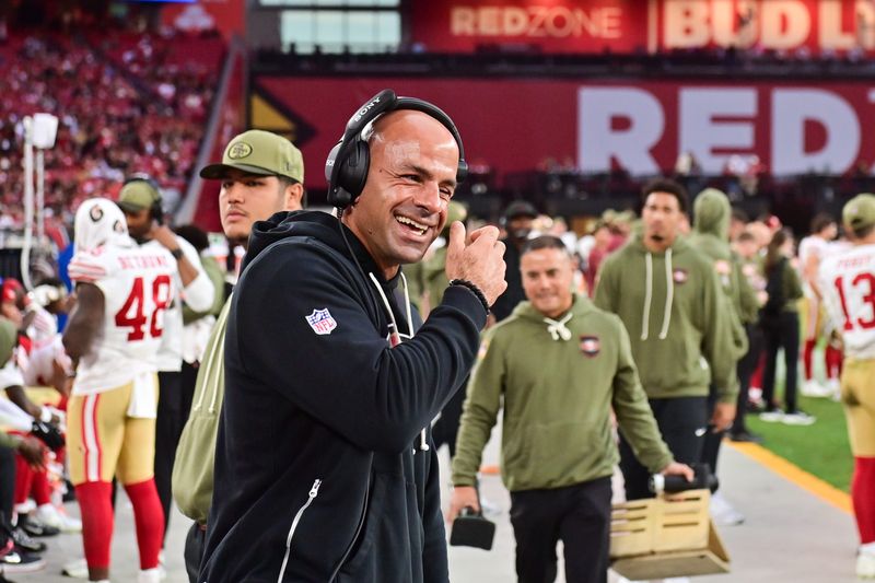 Nov 16, 2025; Glendale, Arizona, USA; San Francisco 49ers defensive coordinator Robert Saleh reacts after defeating the Arizona Cardinals at State Farm Stadium. Mandatory Credit: Matt Kartozian-Imagn Images
