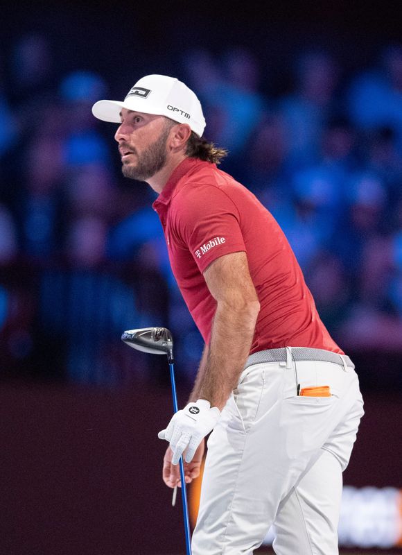 Max Homa of Jupiter Links watches his tee shot during a TGL match against New York Golf Club at SoFi Center on January 13, 2026, in Palm Beach Gardens, Florida.