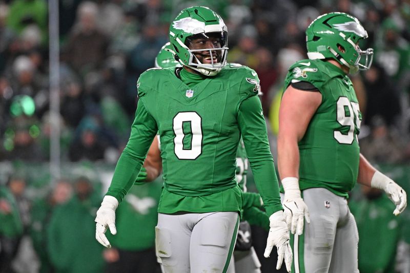 Jan 4, 2026; Philadelphia, Pennsylvania, USA; Philadelphia Eagles linebacker Joshua Uche (0) against the Washington Commanders at Lincoln Financial Field. Mandatory Credit: Eric Hartline-Imagn Images