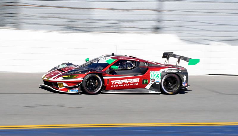 The No. 23 Aston Martin Valkyrie flies through the tri-oval during WeatherTech Championship practice at the Roar Before the Rolex 24, Friday, Jan. 16, 2026 at Daytona International Speedway.
