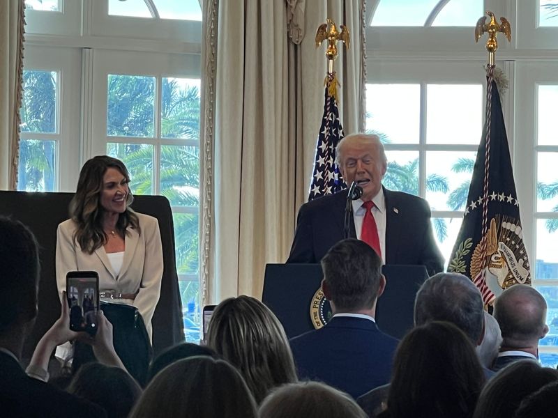 President Donald J. Trump stands at his Mar-a-Lago estate in Palm Beach on Jan. 16, 2026, with state Rep. Meg Weinberger, who sponsored the legislation to rename a 4-mile stretch of Southern Boulevard in the president's honor.