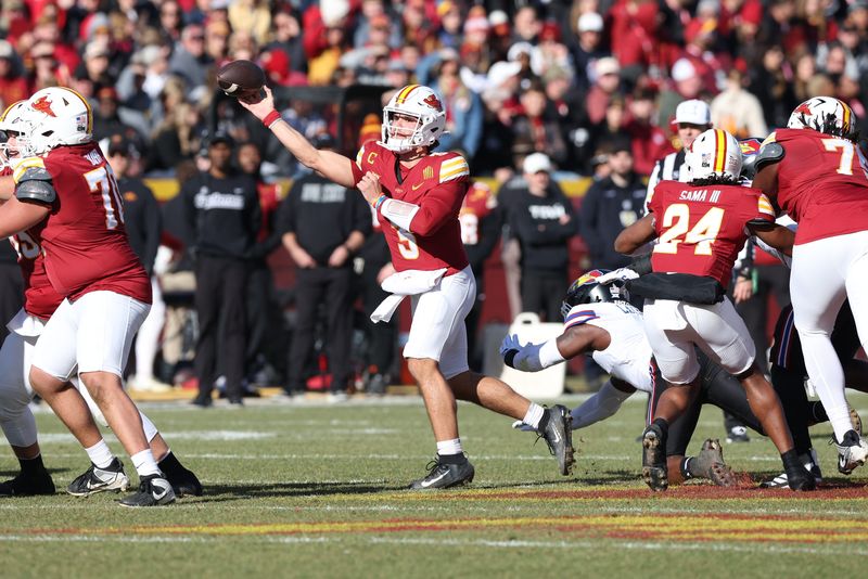 Nov 22, 2025; Ames, Iowa, USA; Iowa State Cyclones quarterback Rocco Becht (3) throws a pass in their game with the Kansas Jayhawks during the first half at Jack Trice Stadium. Mandatory Credit: Reese Strickland-Imagn Images