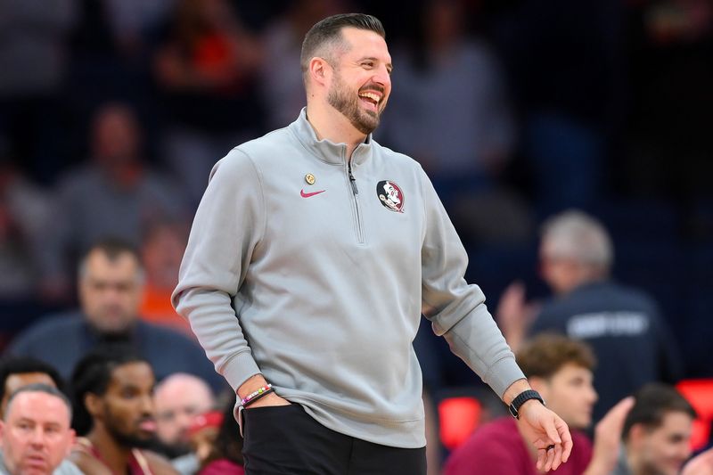 Jan 13, 2026; Syracuse, New York, USA; Florida State Seminoles head coach Luke Loucks reacts prior to the game against the Syracuse Orange at the JMA Wireless Dome. Mandatory Credit: Rich Barnes-Imagn Images