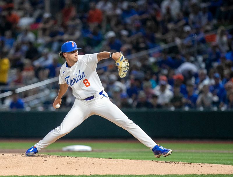 Gators pitcher Brandon Sproat (8) was the starter against South Carolina in Game 1 of NCAA Super Regionals, Friday, June 9, 2023, at Condron Family Ballpark in Gainesville, Florida.Florida beat the Gamecocks 5-4. [Cyndi Chambers/ Gainesville Sun] 2023