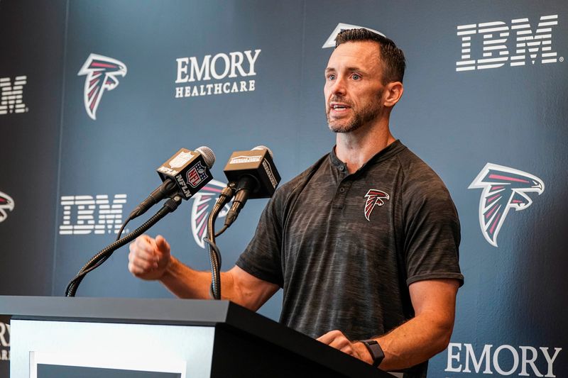 Jul 26, 2023; Flowery Branch, GA, USA; Atlanta Falcons assistant general manager Kyle Smith addresses the media on the first day of training camp at IBM Performance Field. Mandatory Credit: Dale Zanine-USA TODAY Sports