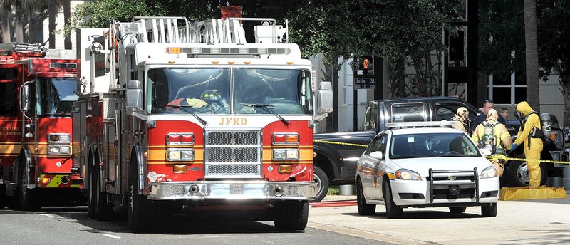The Jacksonville Sheriffs Office blocks Monroe Street as the Jacksonville Fire and Rescue Hazardous Materials team inspects a letter with white powder at the Federal Courthouse on Tuesday August 8, 2017. According to the FBI, "The JFRD Hazmat team has concluded their assessment of a white powder letter sent to the US Federal courthouse in Duval County on Tuesday morning. Field test results were negative for dangerous substances." (Bruce Lipsky/Florida Times-Union)
