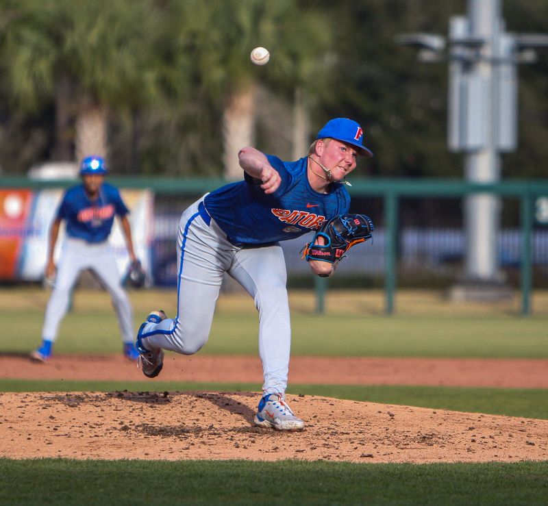 Florida baseball pitcher Aidan King throws during the Gators' first spring scrimmage. Jan. 23. 2026
