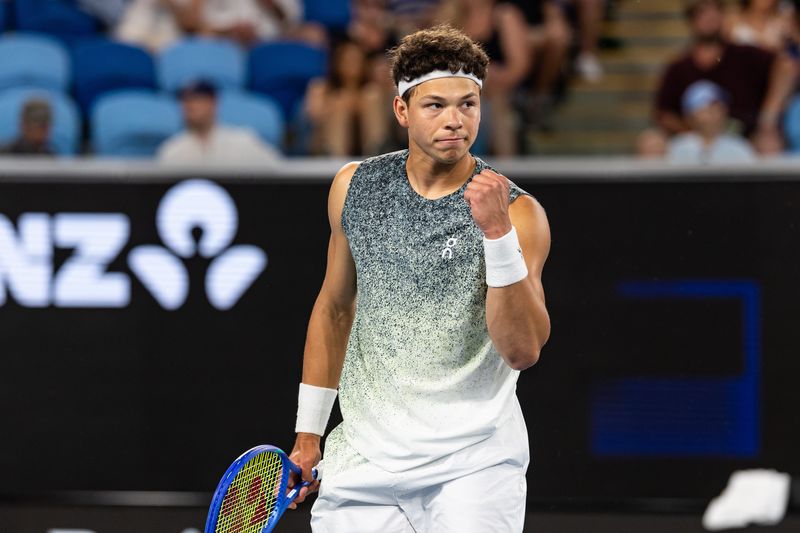 Jan 24, 2026; Melbourne, Victoria, Australia; Ben Shelton of United States in action against Valentin Vacherot of Monaco in the third round of the men’s singles at the Australian Open at Margaret Court Arena in Melbourne Park. Mandatory Credit: Mike Frey-Imagn Images