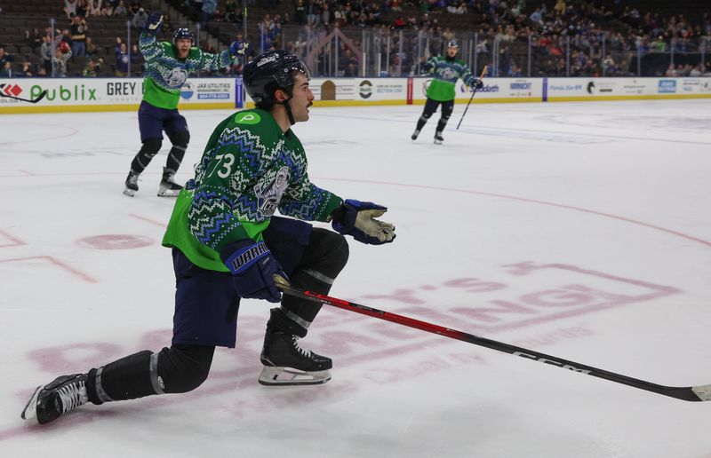 Jacksonville Icemen forward Matteo Costantini (73) celebrates his last-second goal to force overtime against the Iowa Heartlanders on Sunday.