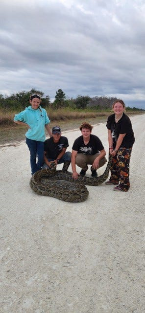 Contracted Burmese python hunter Carl Jackson, his wife, son and daughter, worked together to capture a 202-pound female python (16 feet, 10 inches) on Jan. 13, 2026 in the Everglades. It's the second heaviest python caught in Florida.