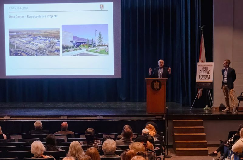 Douglas M. Firstenberg, a principal with Stonebridge, offers details about the proposed data center during a town hall Jan. 29 at Fort Meade Middle-Senior High School.