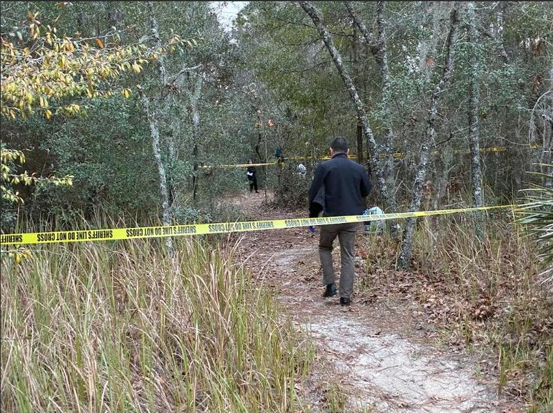 A Marion County Sheriff's Office detective enters a wooded area in Silver Springs Shores on Jan. 30, 2026 after a body was discovered inside a vehicle.