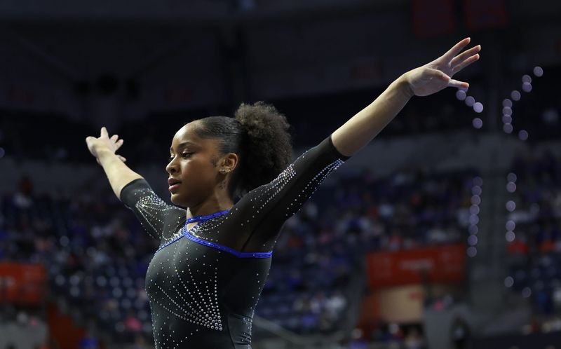 Florida Skye Blakely competes in the floor exercise during an NCAA gymnastics meet against Arkansas at Steven C. O'Connell Center Exactek arena in Gainesville, FL on Friday, January 30, 2026. Gators won 198.050-195.975 [Alan Youngblood/Gainesville Sun]