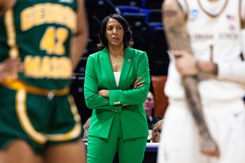 Mar 22, 2025; Baton Rouge, Louisiana, USA; George Mason Patriots head coach Vanessa Blair-Lewis looks on against the Florida State Seminoles during the first half at Pete Maravich Assembly Center.