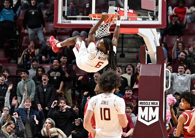 Jan 31, 2026; Tallahassee, Florida, USA; Florida State Seminoles guard Robert McCray (6) dunks the ball during the second half against the Stanford Cardinal during the second half at Donald L. Tucker Center. Mandatory Credit: Melina Myers-Imagn Images