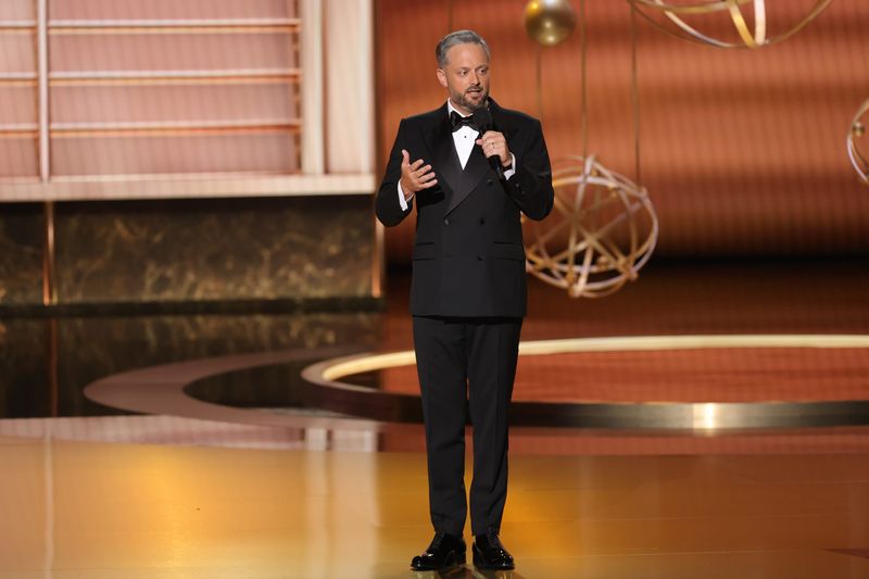LOS ANGELES, CALIFORNIA - SEPTEMBER 14: Host Nate Bargatze speaks onstage during the 77th Primetime Emmy Awards at Peacock Theater on September 14, 2025 in Los Angeles, California. (Photo by Kevin Winter/Getty Images)