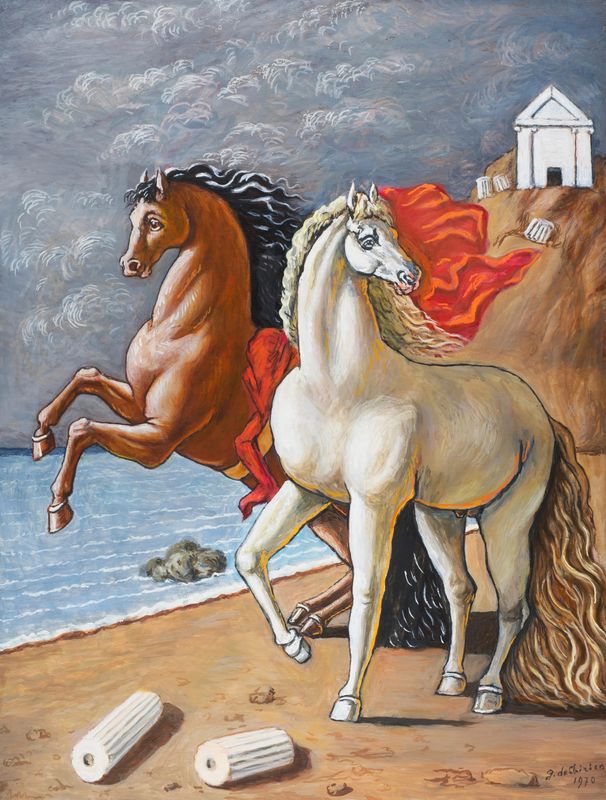 Giorgio de Chirico’s "Due cavalli in Riva al Mare" is one of the historical works featured along side contemporary pieces in the exhibition "Soft Reins," open through March 22 at Acquavella Galleries in Palm Beach.