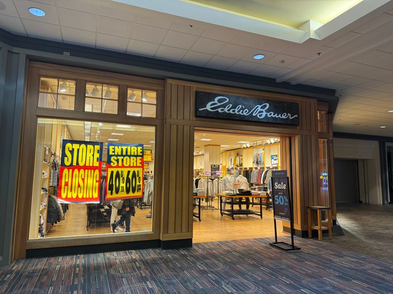 "Store Closing" signs hang in the windows of the Eddie Bauer store at Valley West Mall in West Des Moines on Wednesday, Feb. 4, 2026.