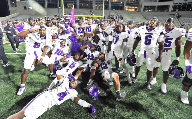 Aug 29, 2025; West Point, New York, USA; Tarleton State Texans players celebrate on the field after a double-overtime win against the Army Black Knights at Michie Stadium. Mandatory Credit: Danny Wild-Imagn Images